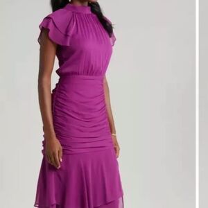 Mila Mae Plum Ruched Chiffon Maxi Dress Flutter Sleeves Lined Flowy Dress-EE9